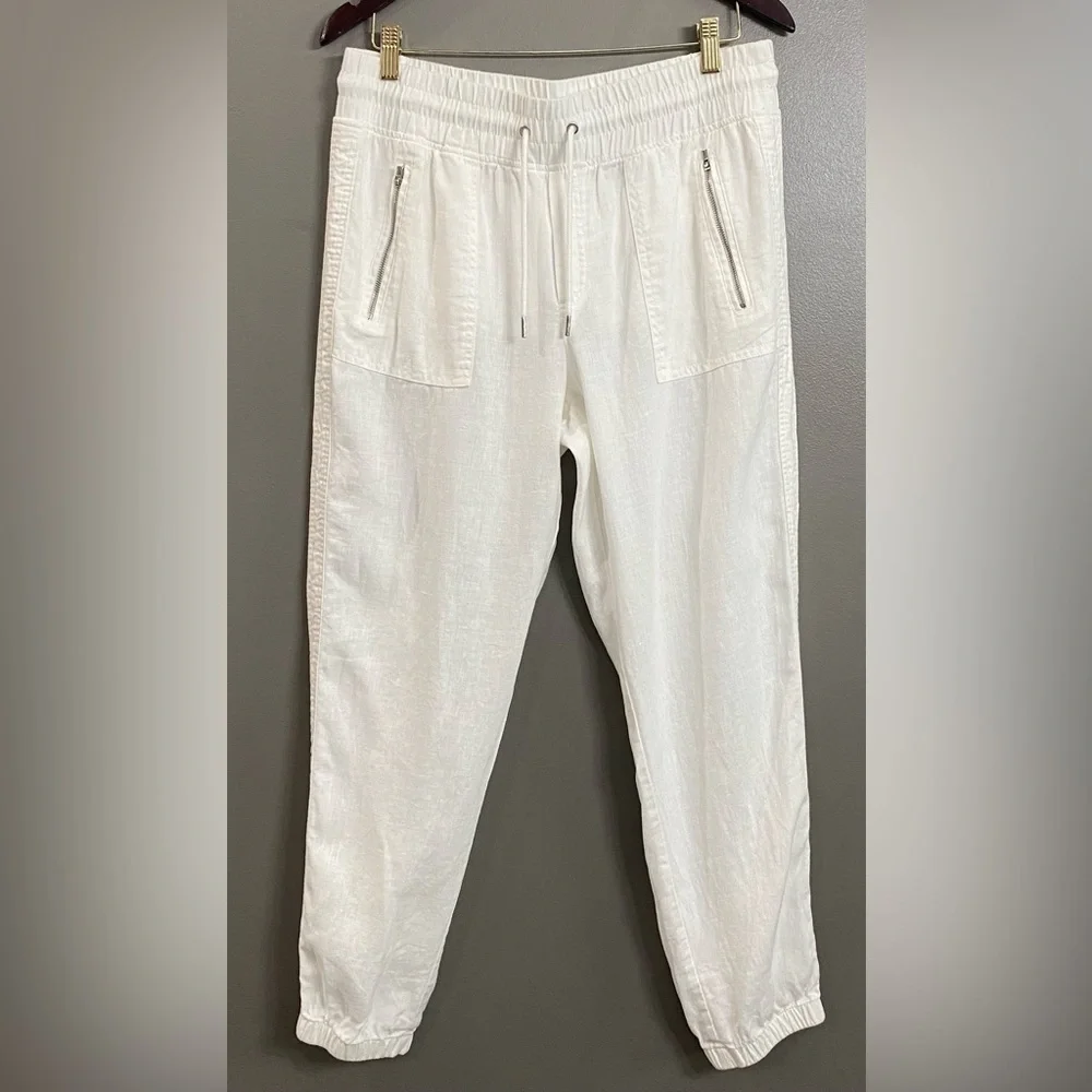 Athleta White Linen 100% Drawstring Cabo Joggers with Zip Pockets Size 10